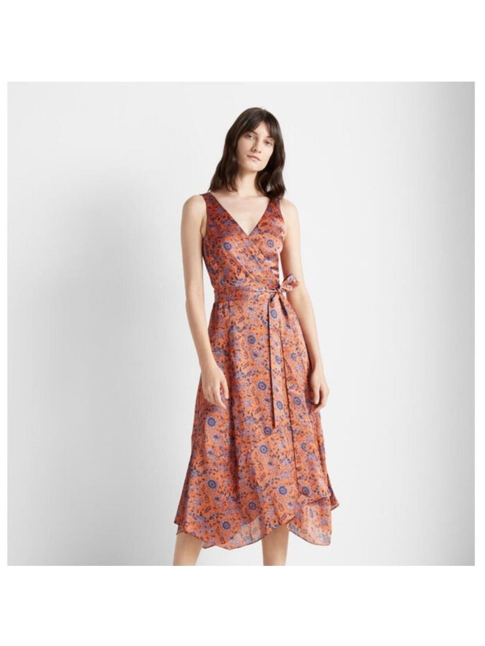 Club Monaco Orange Floral Midi Wrap Dress